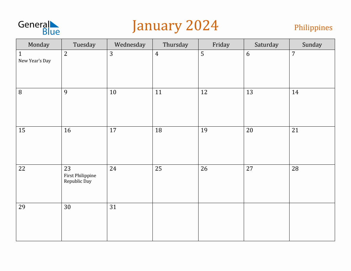 Free January 2024 Philippines Calendar