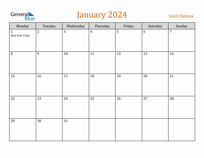 January 2024 Saint Helena Monthly Calendar with Holidays