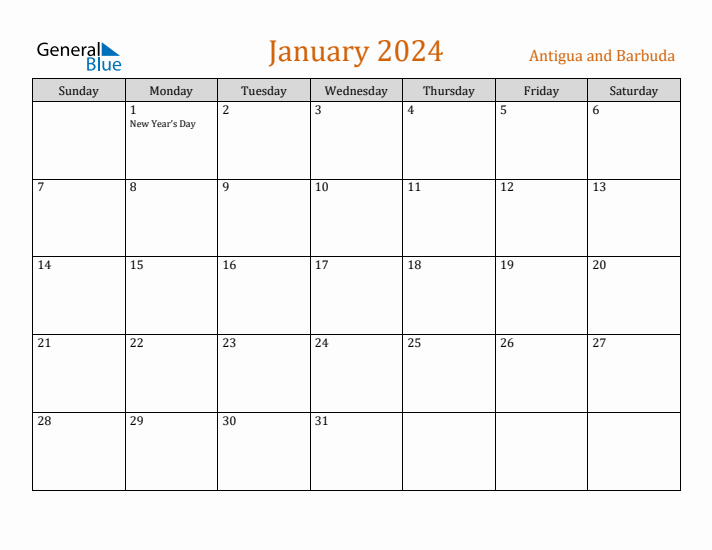 Free January 2024 Antigua and Barbuda Calendar
