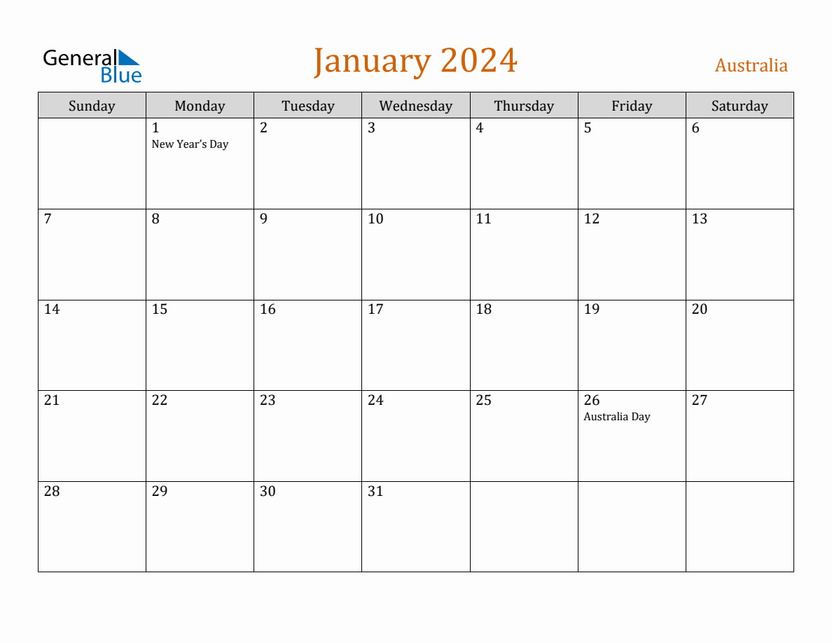 Free January 2024 Australia Calendar