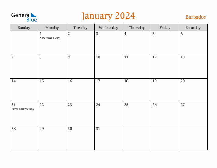 Free January 2024 Barbados Calendar