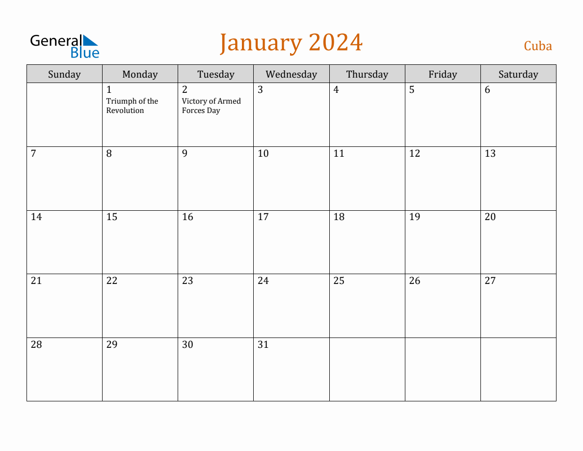 Free January 2024 Cuba Calendar