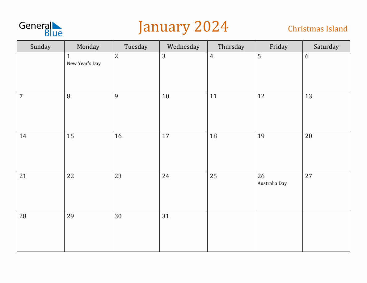 Free January 2024 Christmas Island Calendar