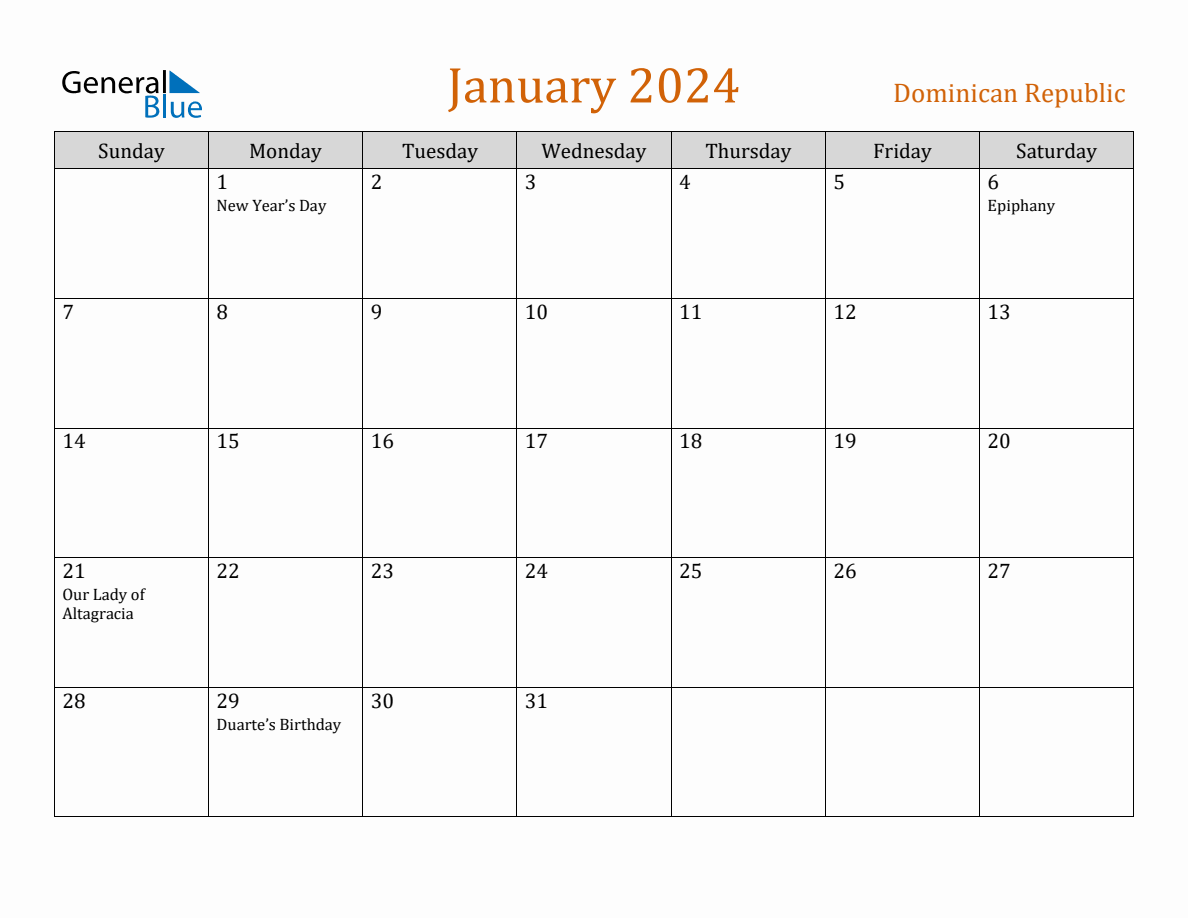 Free January 2024 Dominican Republic Calendar