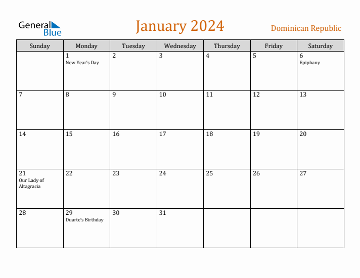 January 2024 Monthly Calendar with Dominican Republic Holidays