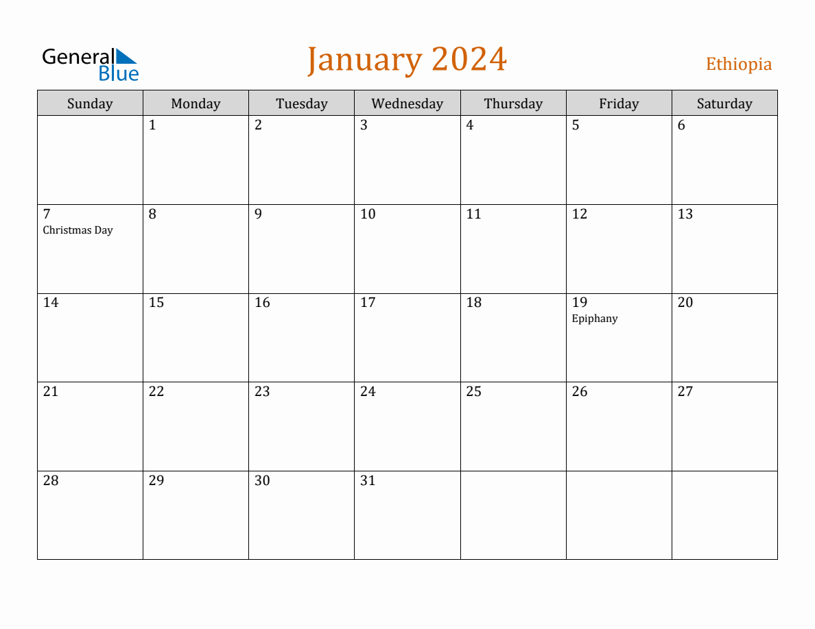 Free January 2024 Ethiopia Calendar