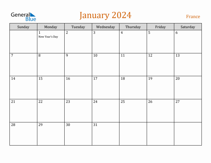 January 2024 Monthly Calendar with France Holidays