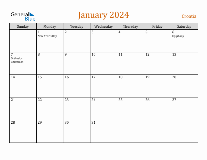 January 2024 Monthly Calendar with Croatia Holidays