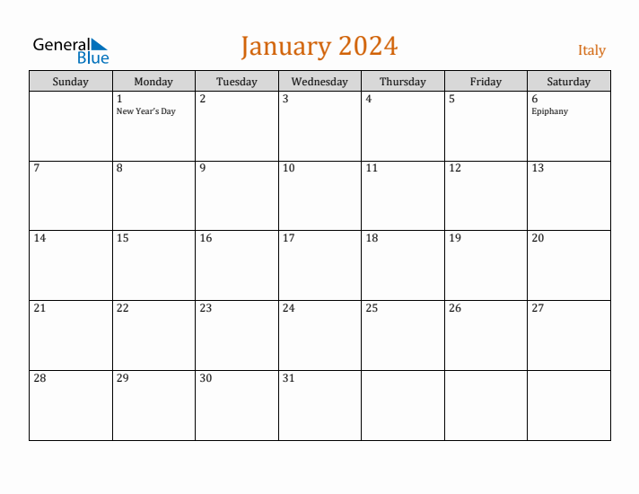 January 2024 Monthly Calendar with Italy Holidays