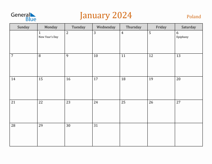 January 2024 Monthly Calendar with Poland Holidays