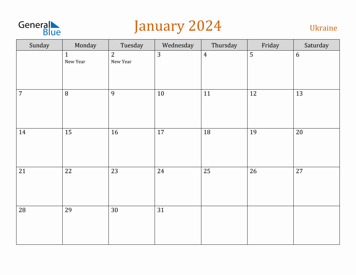 Free January 2024 Ukraine Calendar