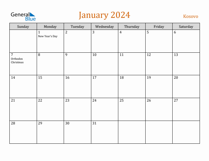 January 2024 Holiday Calendar with Sunday Start