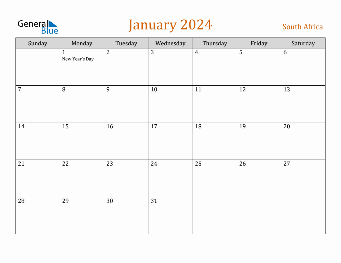 Free January 2025 South Africa Calendar