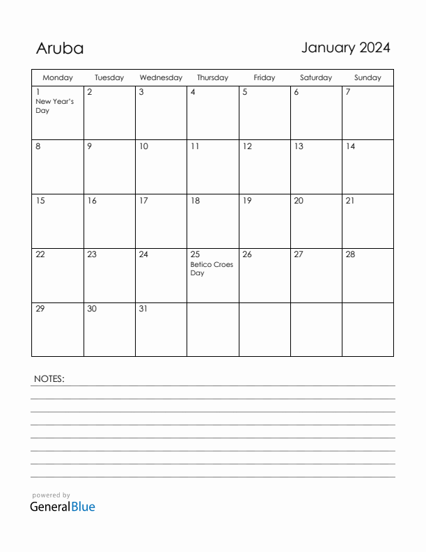 January 2024 Aruba Calendar with Holidays (Monday Start)