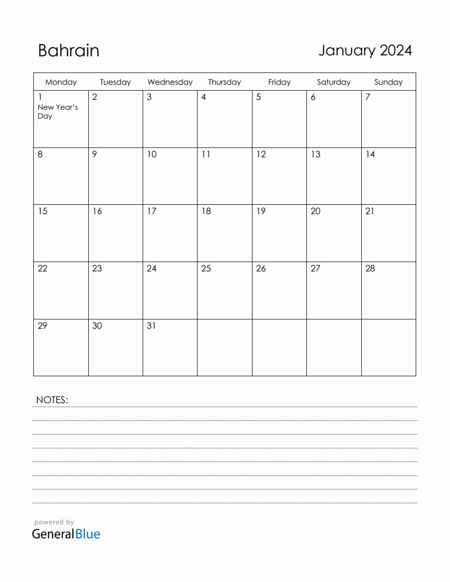 January 2024 Bahrain Calendar with Holidays