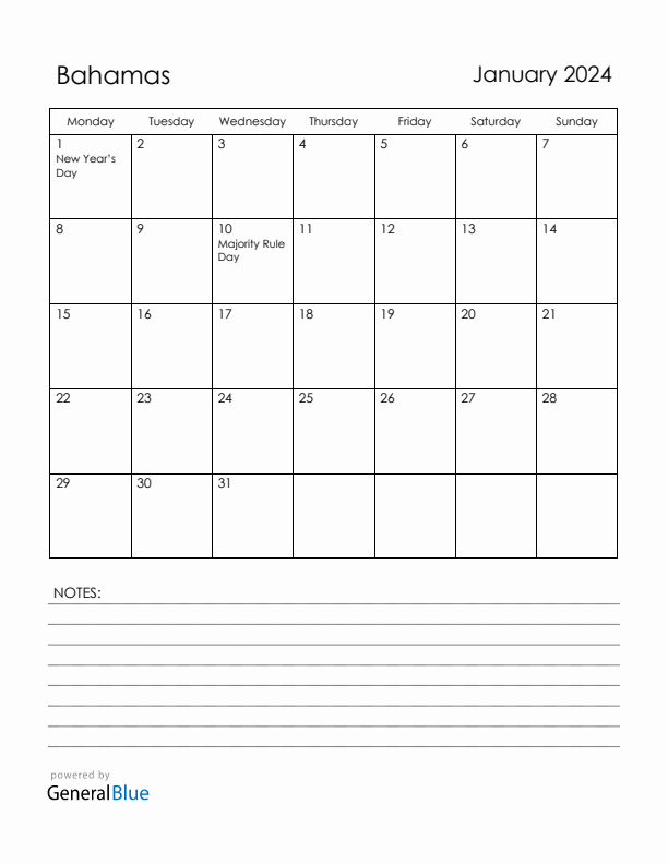 January 2024 Bahamas Calendar with Holidays (Monday Start)