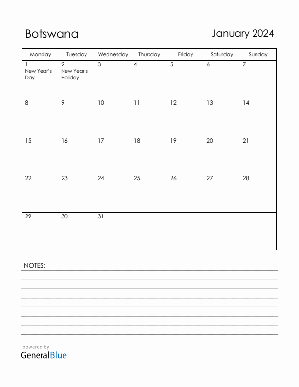 January 2024 Botswana Calendar with Holidays (Monday Start)