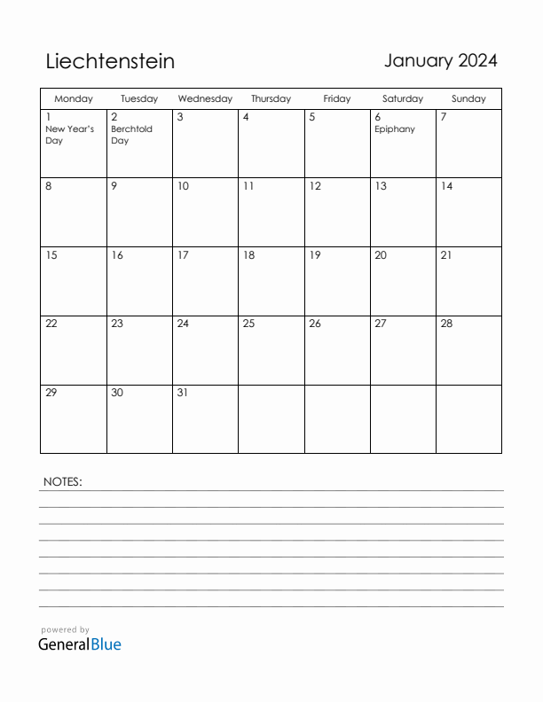 January 2024 Liechtenstein Calendar with Holidays (Monday Start)