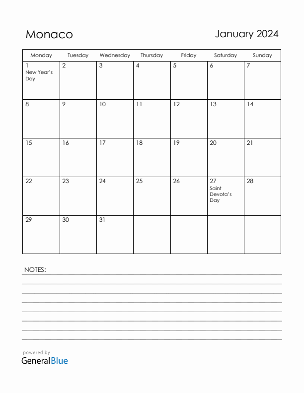 January 2024 Monaco Calendar with Holidays (Monday Start)
