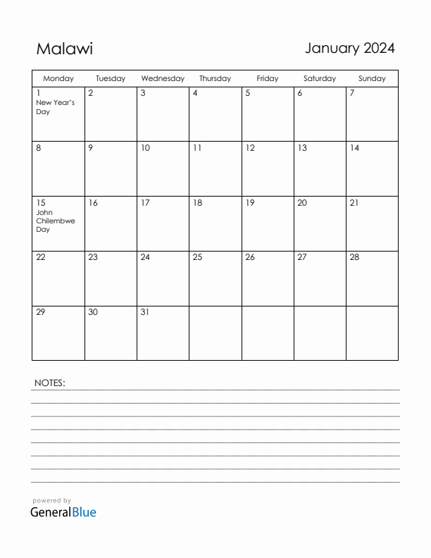 January 2024 Malawi Calendar with Holidays (Monday Start)