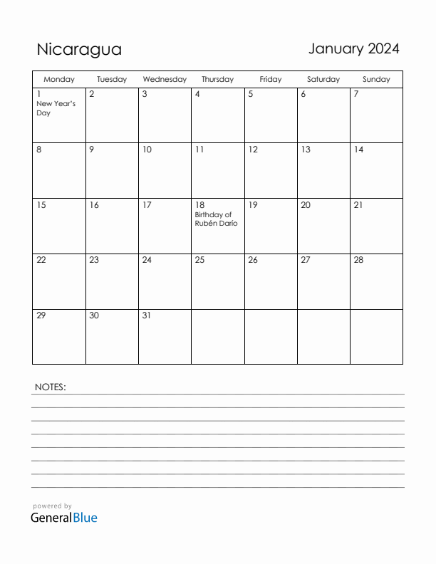 January 2024 Nicaragua Calendar with Holidays (Monday Start)
