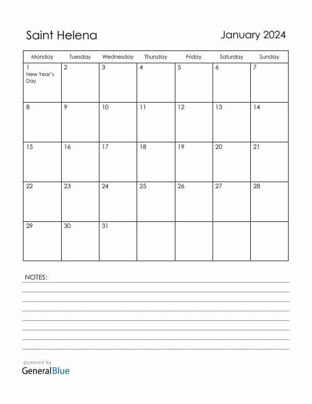January 2024 Saint Helena Calendar with Holidays (Monday Start)