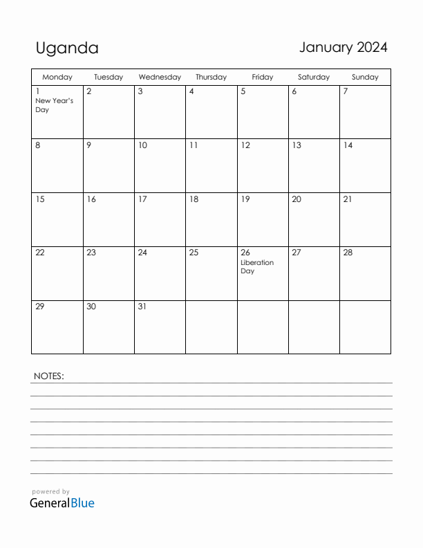January 2024 Uganda Calendar with Holidays (Monday Start)