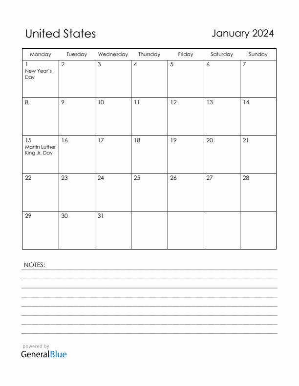 January 2024 United States Monthly Calendar with Holidays