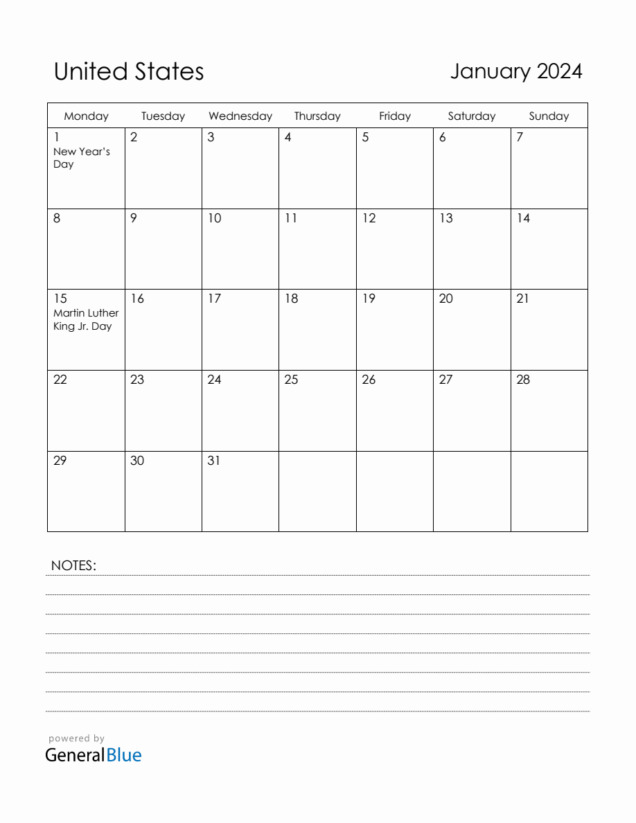 January 2024 United States Calendar with Holidays
