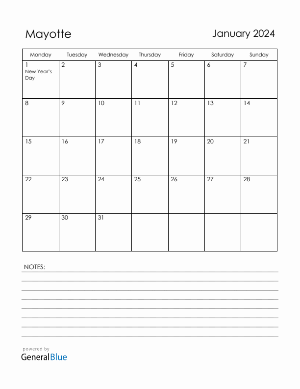 January 2024 Mayotte Calendar with Holidays (Monday Start)