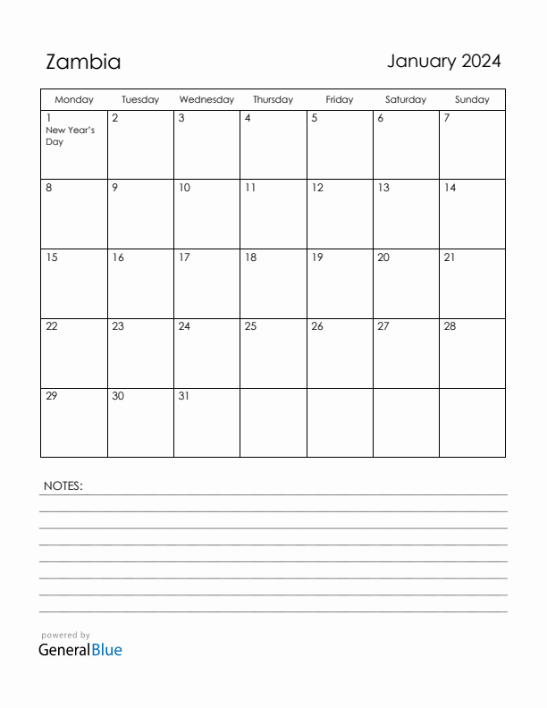 January 2024 Zambia Calendar with Holidays (Monday Start)