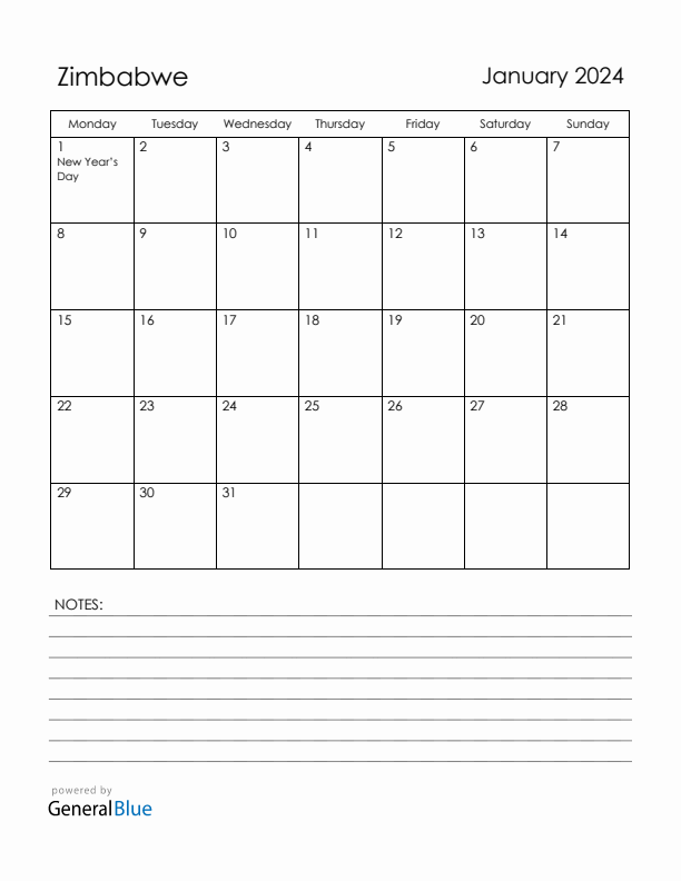 January 2024 Zimbabwe Calendar with Holidays (Monday Start)