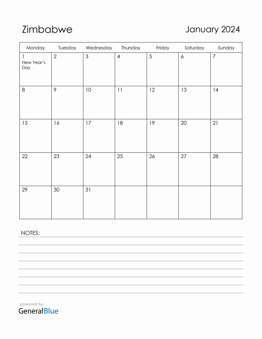 January 2024 Zimbabwe Calendar with Holidays