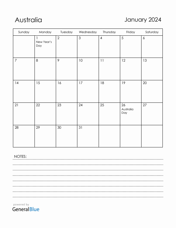 January 2024 Australia Calendar with Holidays (Sunday Start)