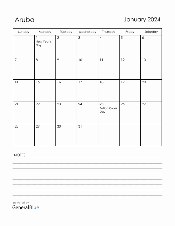 January 2024 Aruba Calendar with Holidays (Sunday Start)