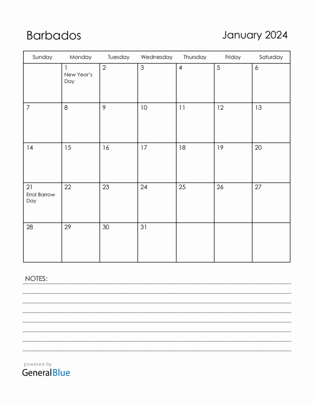 January 2024 Barbados Calendar with Holidays (Sunday Start)