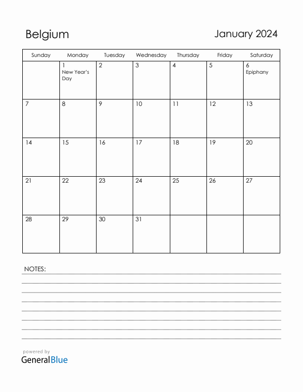 January 2024 Monthly Calendar with Belgium Holidays