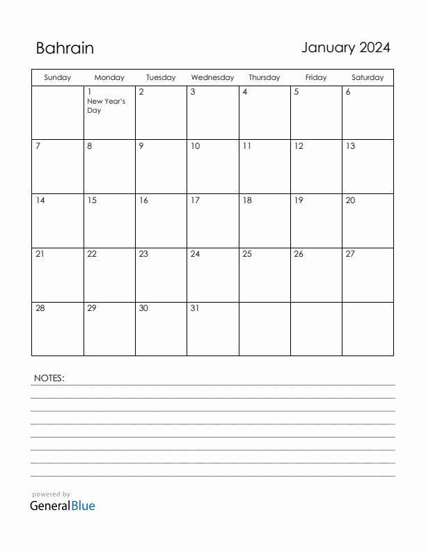 January 2024 Bahrain Calendar with Holidays (Sunday Start)