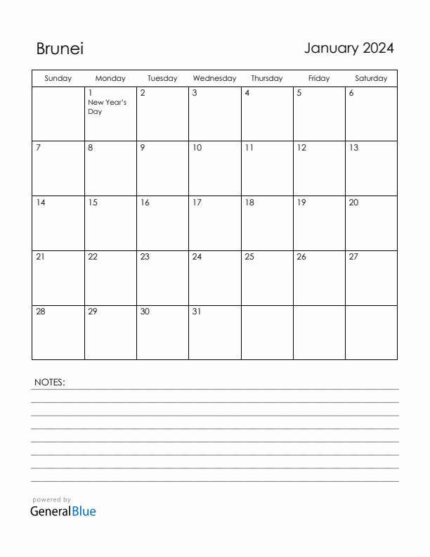 January 2024 Brunei Calendar with Holidays (Sunday Start)