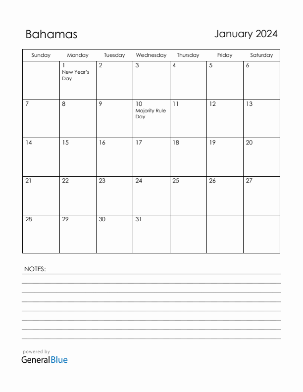 January 2024 Bahamas Calendar with Holidays (Sunday Start)