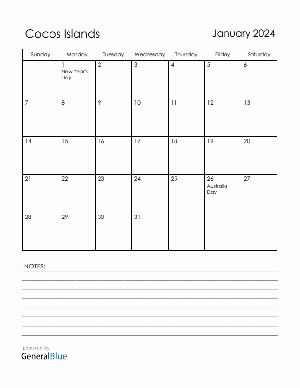 January 2024 Cocos Islands Calendar with Holidays (Sunday Start)
