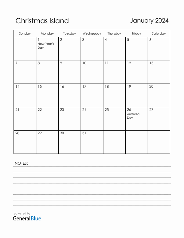 January 2024 Christmas Island Calendar with Holidays (Sunday Start)