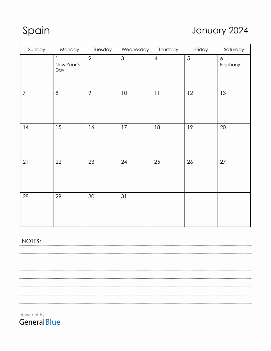 January 2024 Spain Calendar with Holidays