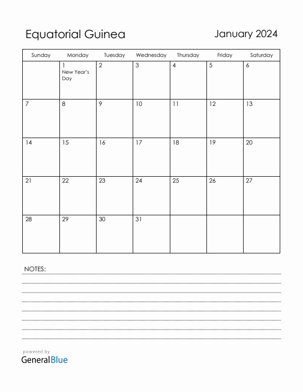 January 2024 Equatorial Guinea Calendar with Holidays (Sunday Start)