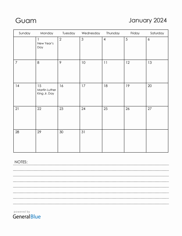 January 2024 Guam Calendar with Holidays (Sunday Start)
