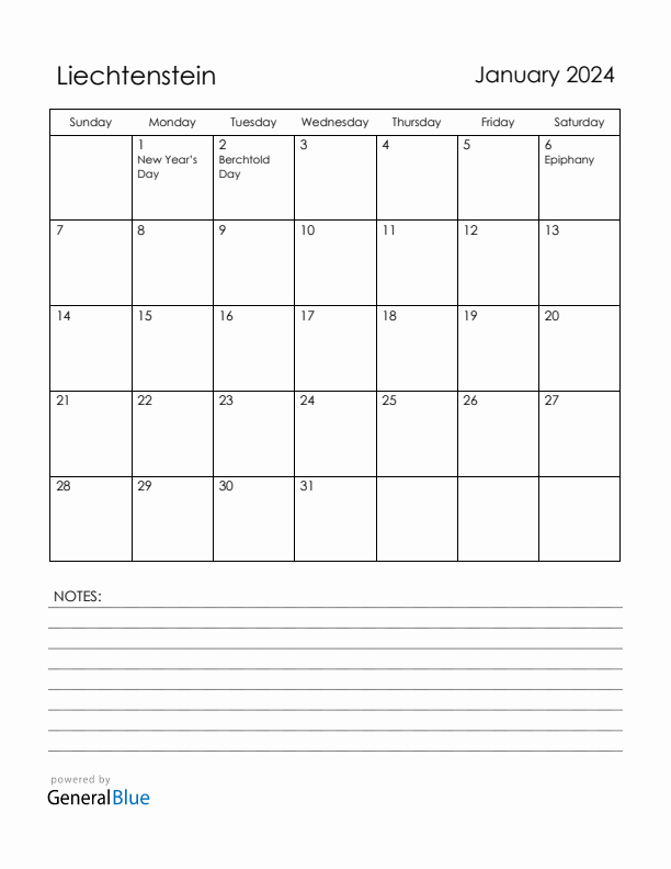 January 2024 Liechtenstein Calendar with Holidays (Sunday Start)