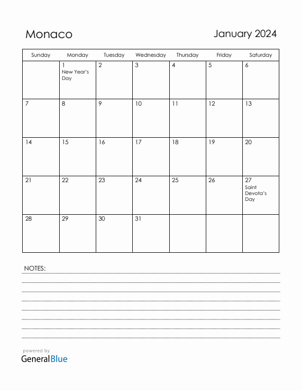 January 2024 Monaco Calendar with Holidays (Sunday Start)