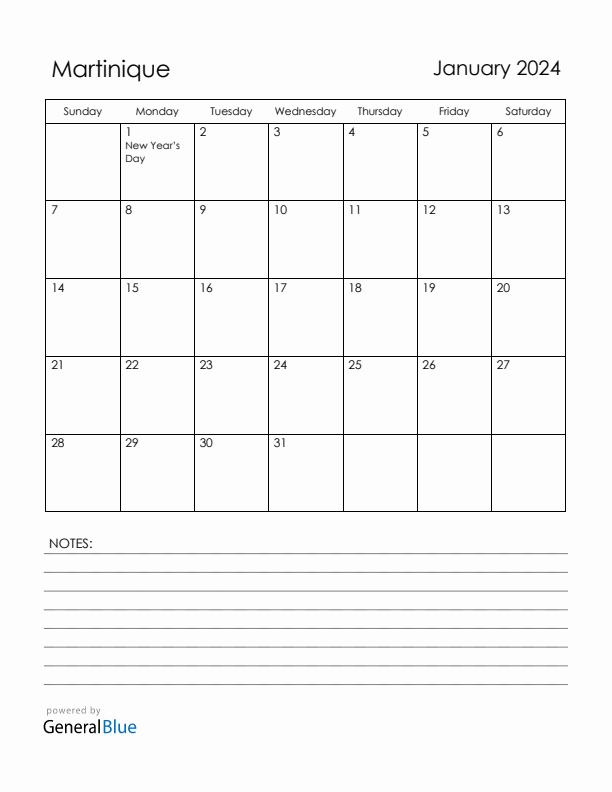 January 2024 Martinique Calendar with Holidays (Sunday Start)