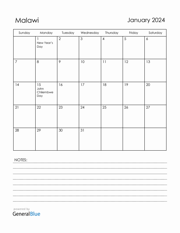 January 2024 Malawi Calendar with Holidays (Sunday Start)