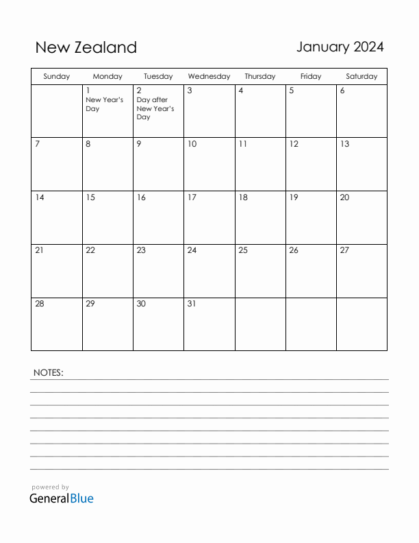January 2024 New Zealand Calendar with Holidays (Sunday Start)